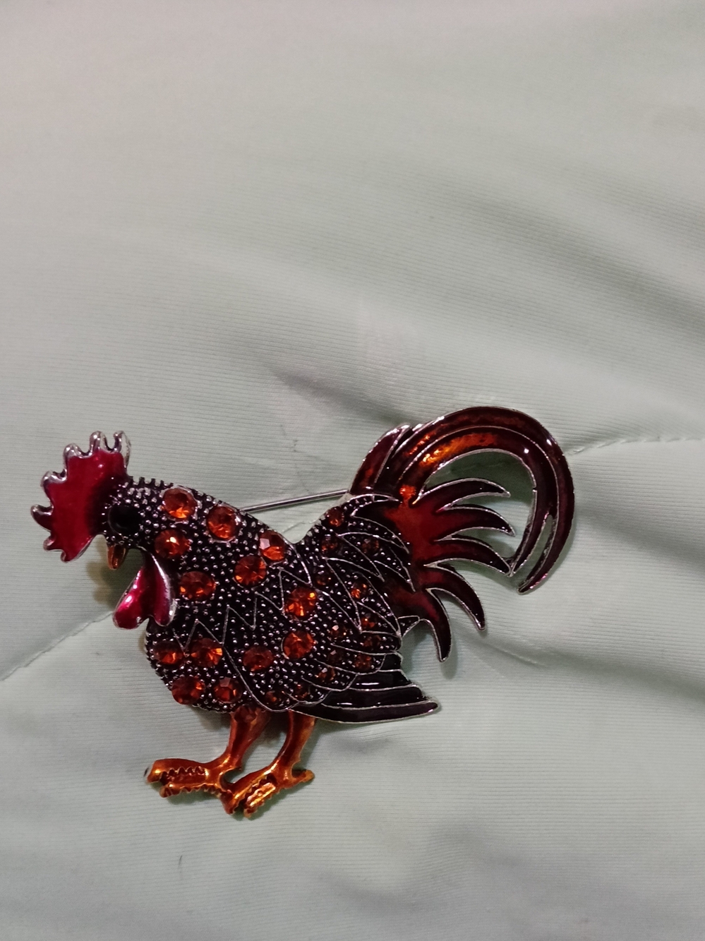 Embellished Rooster Chickenj Brooch Pin in Red and Orange